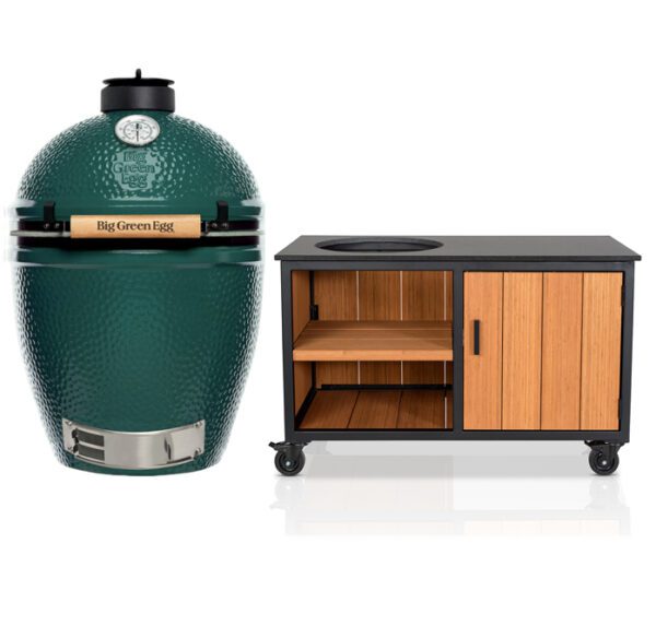 Big Green Egg Large + Fraaii Tafel Bamboo Teak Oil Storage